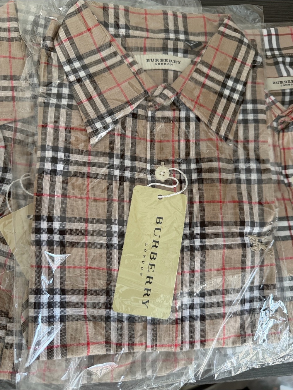 Beige Plaid Button-Down Shirt with Black, White and Red Accents